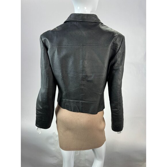 Vintage Black Leather Cropped Blazer Jacket With Unique Button Details - Picture 12 of 16